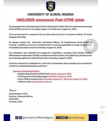 UNILORIN Post-UTME screening schedule