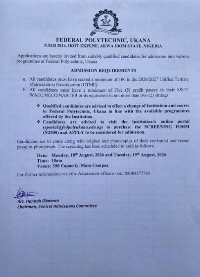 Federal Poly Ukana Post-UTME Screening 2026/2027