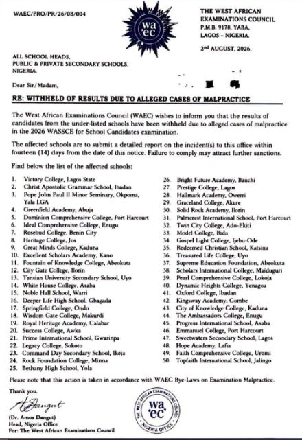 WAEC Withheld Results 2026